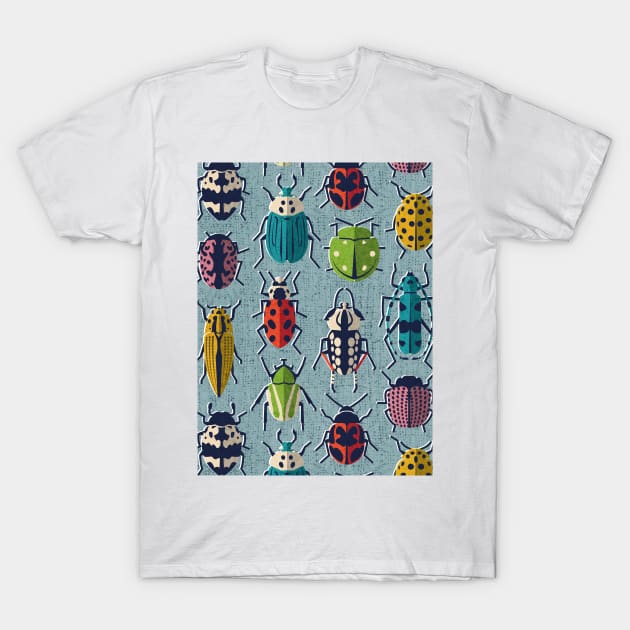 These don't bug me // pattern // duck egg blue background green yellow neon red orange pink blue and black and ivory retro paper cut beetles and insects T-Shirt by SelmaCardoso